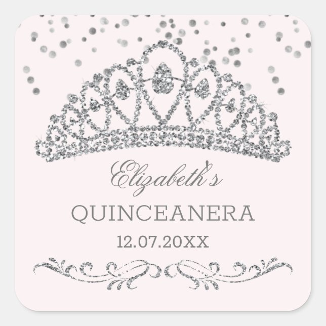 Pegatina Cuadrada Efecto purpurina plateado tiara, confetti Quincean (Anverso)