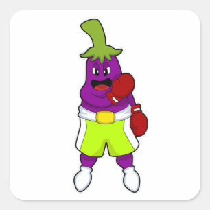 Pegatina Cuadrada Eggplant escribe en Boxing con guantes de boxeo