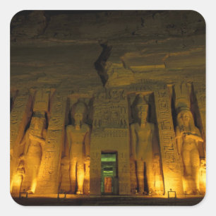 Pegatina Cuadrada Egipto, Abu Simbel, Fachada iluminada de la pequeñ