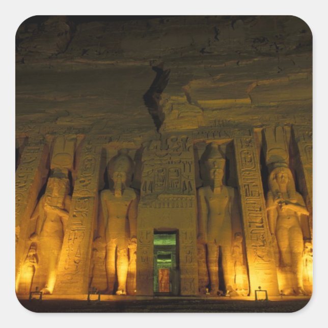 Pegatina Cuadrada Egipto, Abu Simbel, fachada iluminada de pequeño (Anverso)