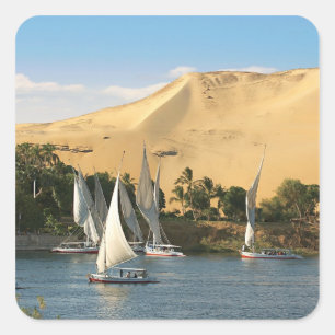 Pegatina Cuadrada Egipto, Asuán, río Nilo, veleros Felucca, 2