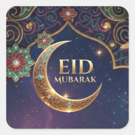 Pegatina Cuadrada Eid Al-Adha Celebración Islámica Dorado y azul mar