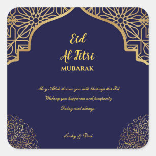 Pegatina Cuadrada Eid Al Fitri Golden Mandala vacaciones azules