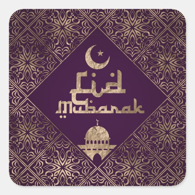 Pegatina Cuadrada Eid Mubarak - Decoración púrpura y dorada (Anverso)