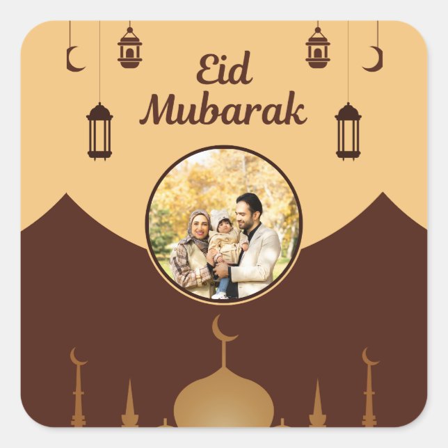Pegatina Cuadrada Eid Mubarak Photo Frame Mosque Skyline Art (Anverso)