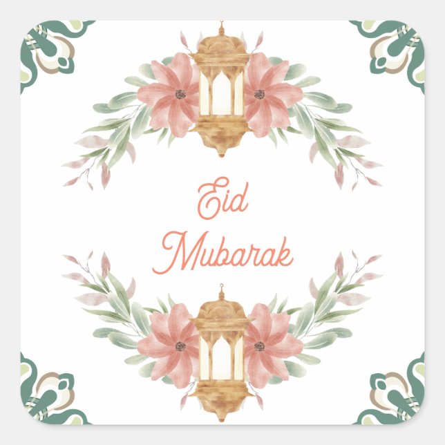 Pegatina Cuadrada Eid Mubarak |Ramadán Mubarak Flores Lámpara de flo (Anverso)