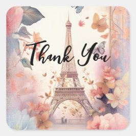 Pegatina Cuadrada Eiffel Tower Butterflies and Flowers Thank You