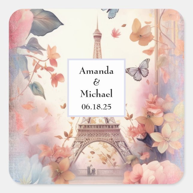 Pegatina Cuadrada Eiffel Tower Butterflies and Flowers Wedding (Anverso)