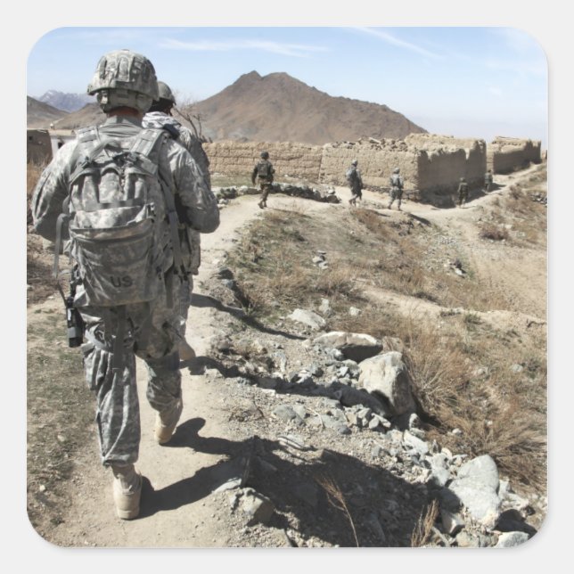 Pegatina Cuadrada Ejército Nacional Afgano y soldados estadounidense (Anverso)