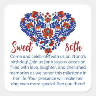 Pegatina Cuadrada El 80 aniversario de Nana / Matyo rústico húngaro