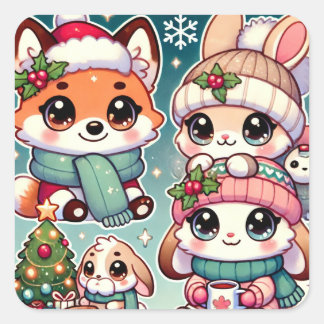 Pegatina Cuadrada El acogedor invierno de Nini y Koko