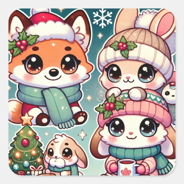 Pegatina Cuadrada El acogedor invierno de Nini y Koko (Anverso)