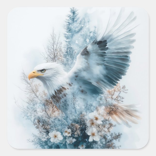 Pegatina Cuadrada El águila etérea en un bosque soñador (Anverso)