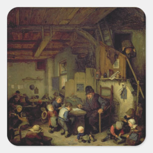 Pegatina Cuadrada El amo de la escuela, c.1662 (aceite en el panel)