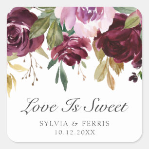Pegatina Cuadrada El amor es dulce Moody Plum Watercolor Floral Boda