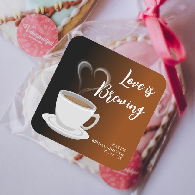 Pegatina Cuadrada El amor está preparando terracota y ducha de novia (Love is Brewing Terracotta & Black Bridal Shower Square Sticker
)