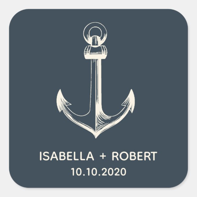 Pegatina Cuadrada El ancla azul | Monograma Boda (Anverso)