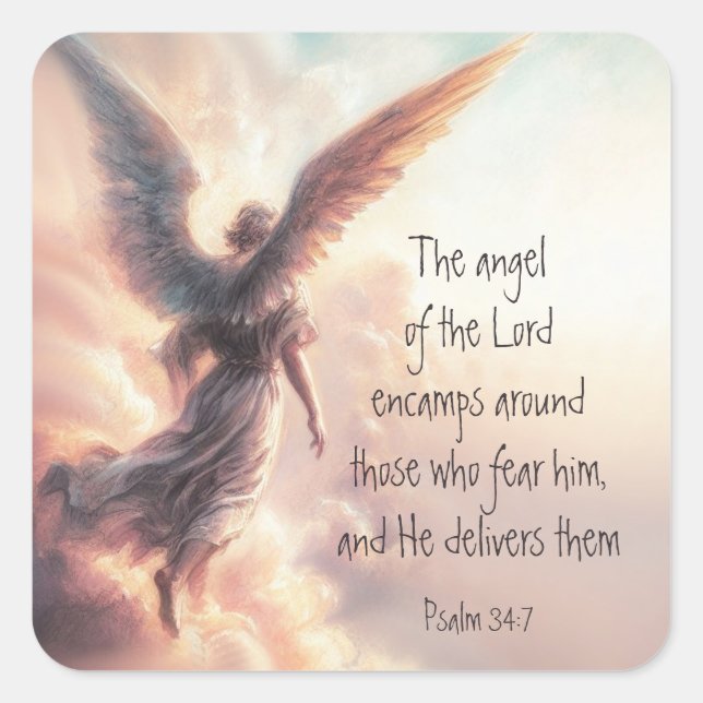 Pegatina Cuadrada El ángel del Señor encasilla las Escrituras Biblia (Anverso)