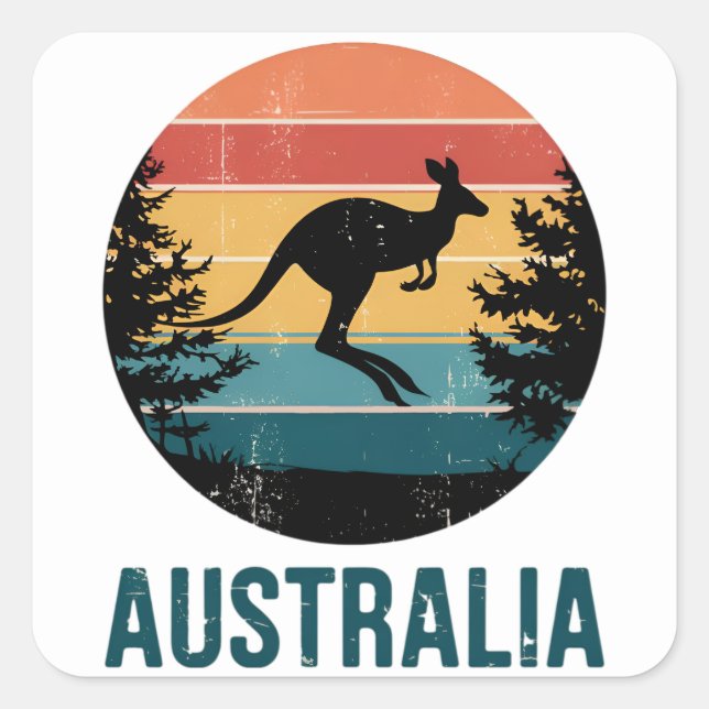 Pegatina Cuadrada El animal retro australiano del atardecer salta al (Anverso)
