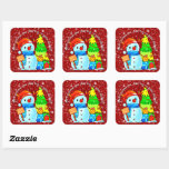 Pegatina Cuadrada El árbol de navidad de Snowman presenta el texto d<br><div class="desc">Celebra a los Navidades cualquier año con estas placas,  servilletas,  galletitas y más que coincidan - mira las colecciones de mi tienda para ver muchos más ajustes de tabla temáticos de los Navidades y más.</div>