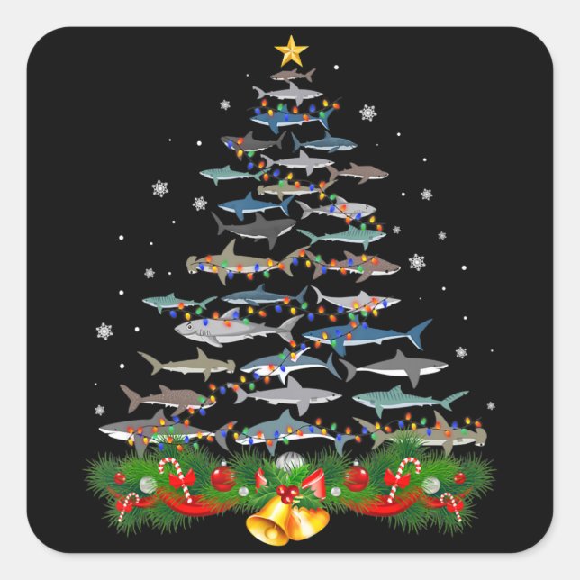 Pegatina Cuadrada El árbol de Navidad del tiburón tiburón ama los re (Anverso)