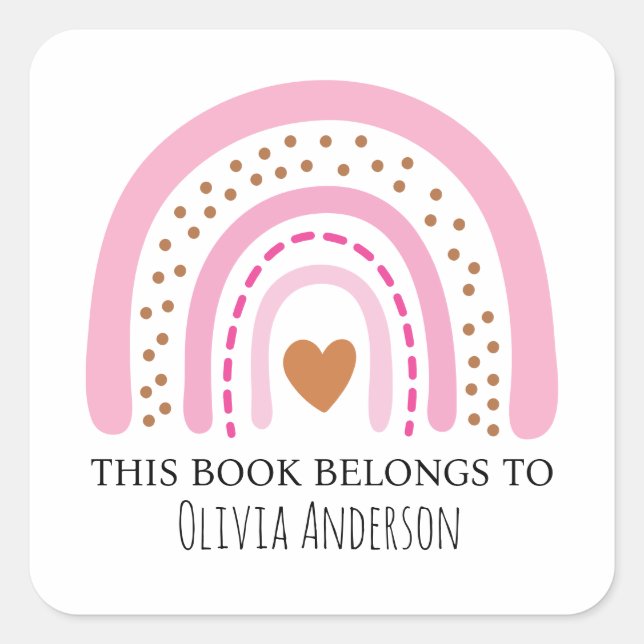 Pegatina Cuadrada El arcoiris marrón rosa agudo este libro pertenece (Anverso)