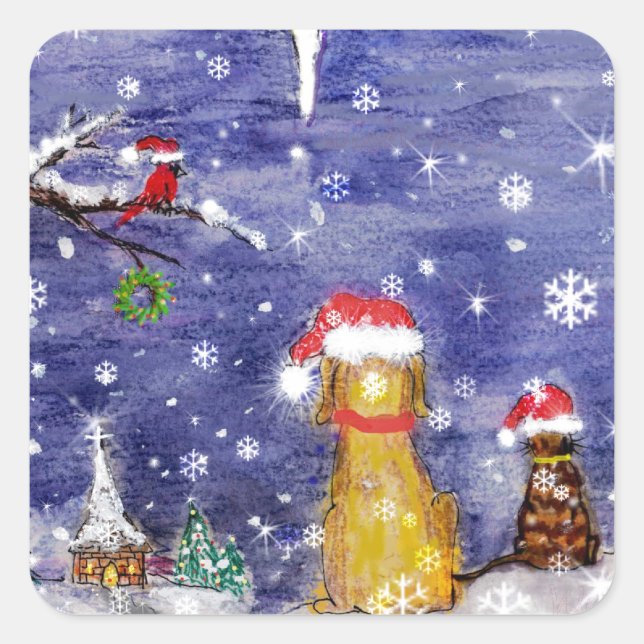 Pegatina Cuadrada El arte acuarela de los Navidades de animales (Anverso)