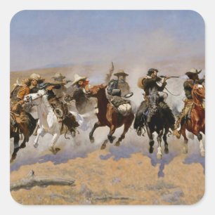 Pegatina Cuadrada El Arte Frederic Remington Occidental "Dash For Th