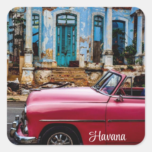 Pegatina Cuadrada El auto rojo de la Habana Cuba (Anverso)