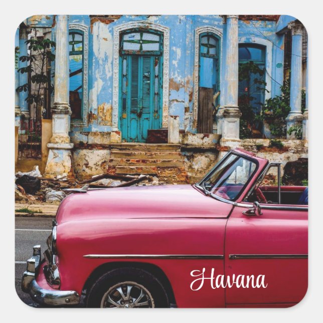 Pegatina Cuadrada El auto rojo de la Habana Cuba (Anverso)