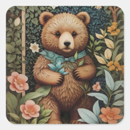 Pegatina Cuadrada El bebé lindo oso marrón William Morris inspirado