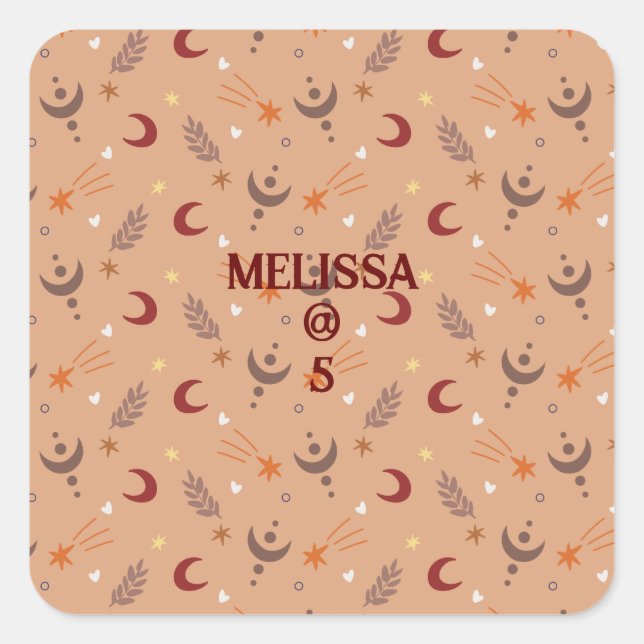 Pegatina Cuadrada El Boho Retro Brown Whimsical Personalizado Cumple (Anverso)