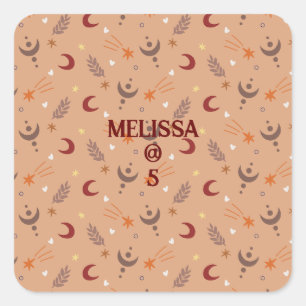 Pegatina Cuadrada El Boho Retro Brown Whimsical Personalizado Cumple