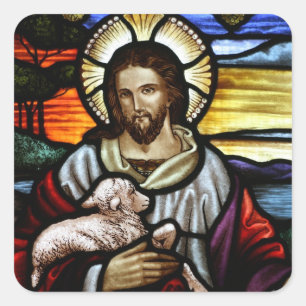 Pegatina Cuadrada El Buen Pastor; Jesús en vidrios manchados