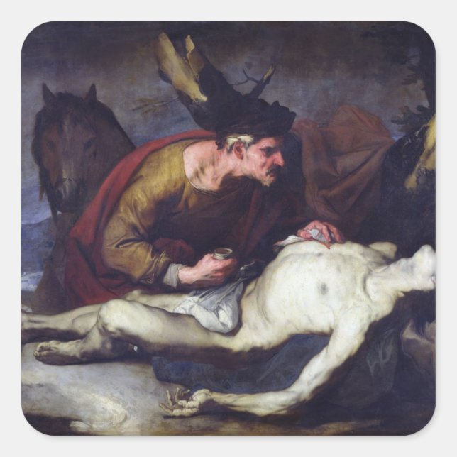 Pegatina Cuadrada El buen samaritano (Anverso)