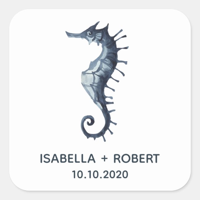 Pegatina Cuadrada El caballito de mar azul | Monograma Boda (Anverso)