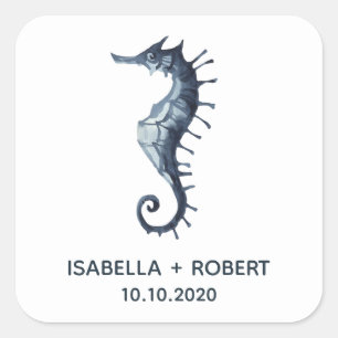 Pegatina Cuadrada El caballito de mar azul   Monograma Boda