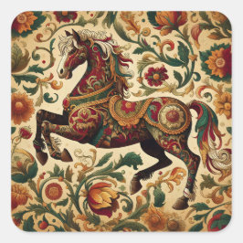Pegatina Cuadrada El caballo encantado en flor medieval
