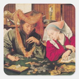 Pegatina Cuadrada El cambiador de dinero y su esposa, 1539