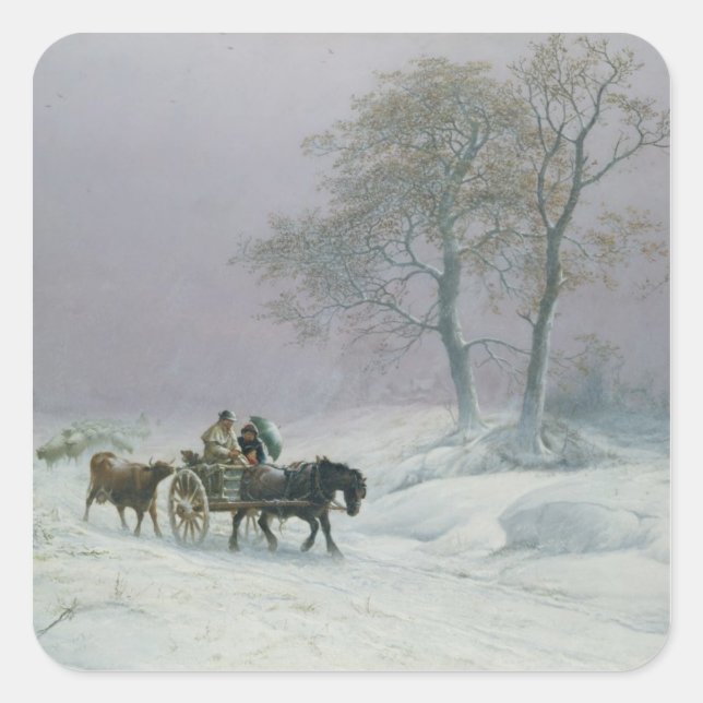 Pegatina Cuadrada El camino invernal hacia el mercado (Anverso)