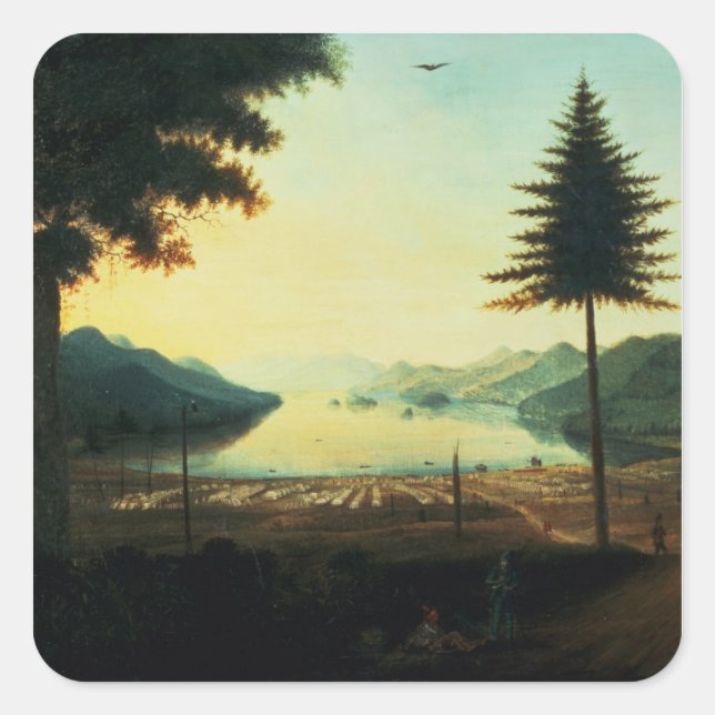 Pegatina Cuadrada El campamento en el lago George, Nueva York, 1759  (Anverso)