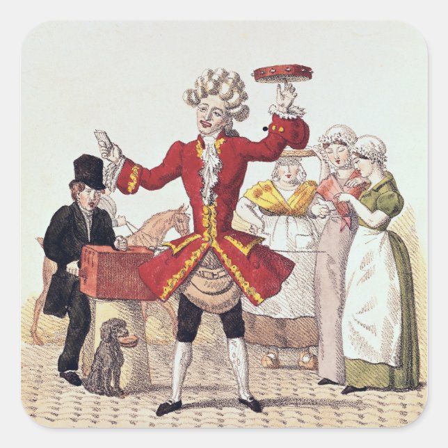 Pegatina Cuadrada El cantante callejero, grabado por Alois Senefelde (Anverso)