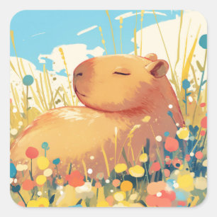 Pegatina Cuadrada El capibara en un campo de sueños