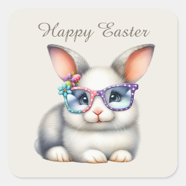 Pegatina Cuadrada El conejito de Pascua cutáneo agrega texto (Anverso)