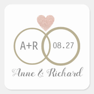 Pegatina Cuadrada el corazón y los anillos bodas de amor rosados per
