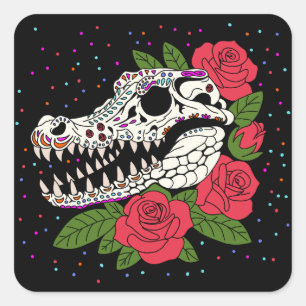 Pegatina Cuadrada El cráneo de Rosa y cocodrilo de junio