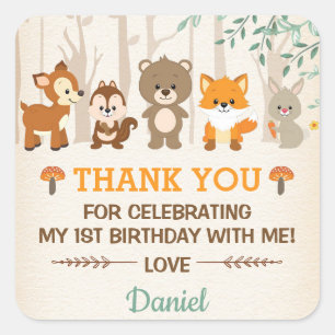 Pegatina Cuadrada El cumpleaños del bosque de Cute Woodland Baby Sho