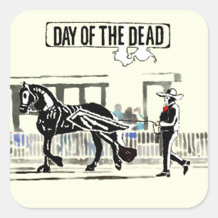 Pegatina Cuadrada El Día de Guay de los Caballos Blanco y Negro Muer