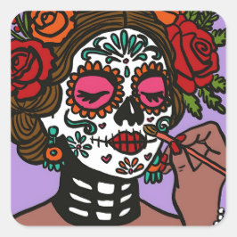 Pegatina Cuadrada El día de los Pegatinas muertos atrae a Catrina