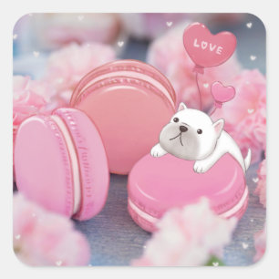 Pegatina Cuadrada El día de San Valentín: Bulldog francés, macarones